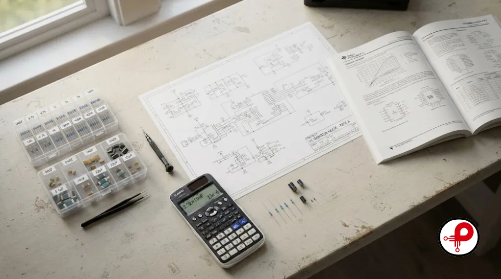 PCB design process workbench with schematic datasheet and components
