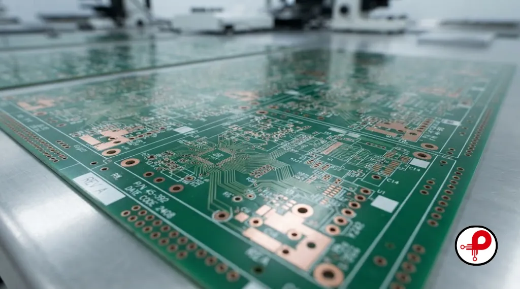 PCB panel during manufacturing showing copper etching