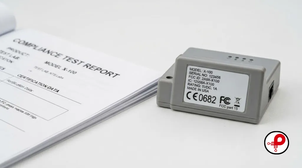 Device with CE and FCC labeling referencing standards used in EMI EMC PCB design