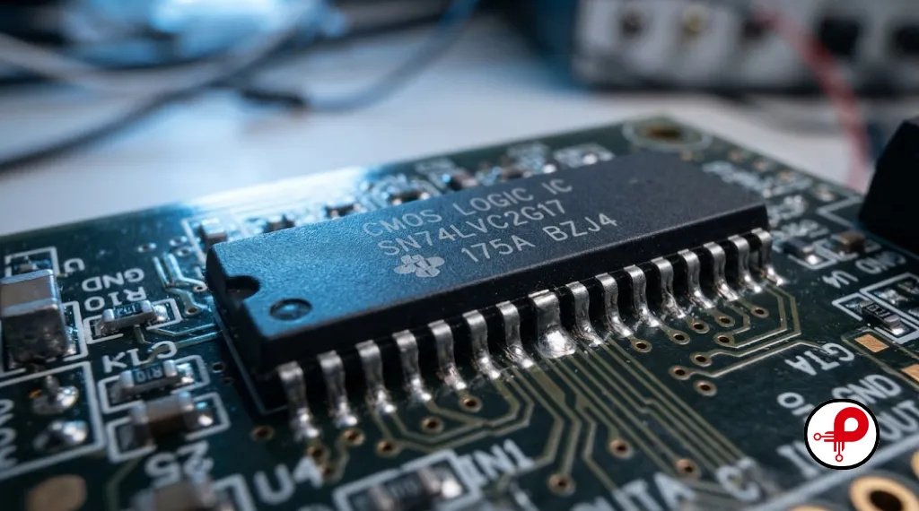 CMOS circuit design chip close up used in analog and digital circuit design