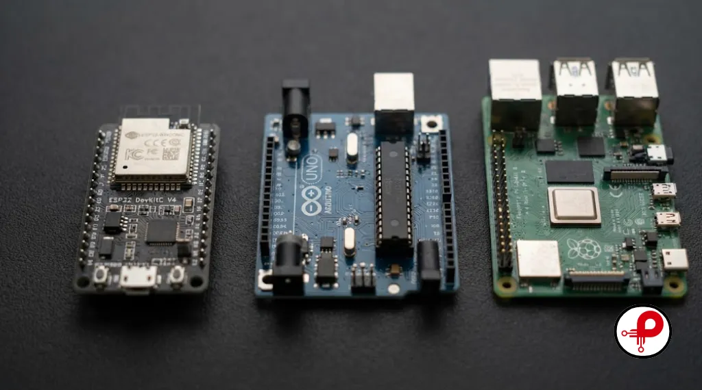 close up of Arduino ESP32 and Raspberry Pi boards for IoT prototype development