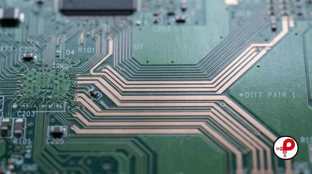 Copper traces on PCB showing controlled impedance routing