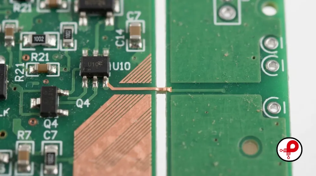 PCB trace crossing a ground plane split, a common issue in EMI EMC PCB design