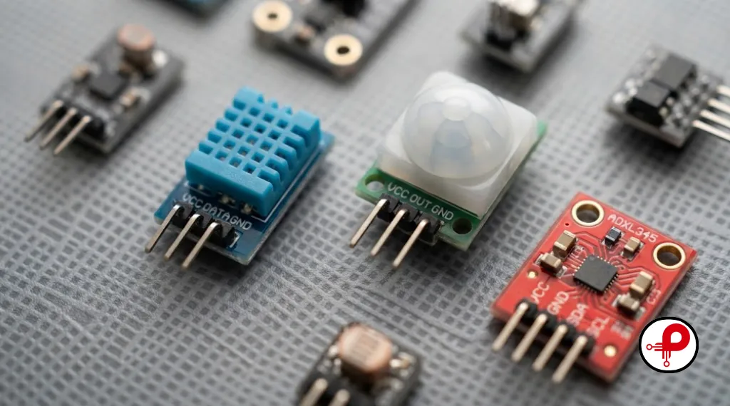 macro photo of temperature humidity and motion sensor modules for IoT prototype