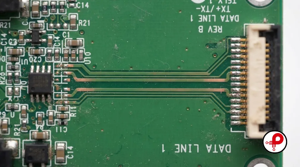 High-speed differential pair traces showing EMI EMC PCB design considerations
