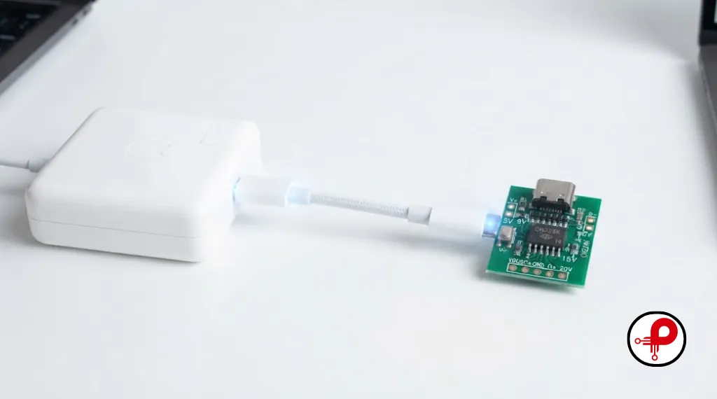 USB-C cable linking power adapter to CH224K USB PD trigger module illustrating real time voltage negotiation handshake process.