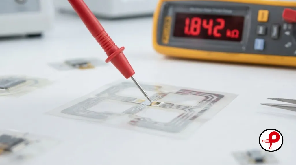 healthcare wearable patch prototype tested with multimeter probe