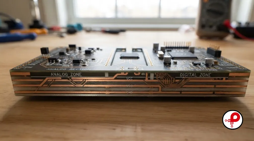 PCB analog and digital design layout with separated trace routing close up