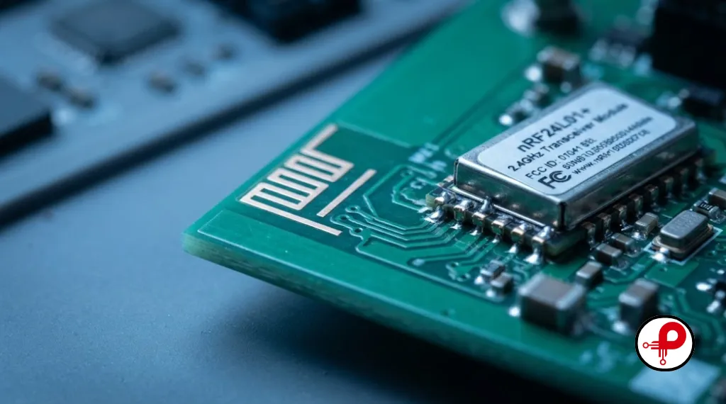 close up of Bluetooth and WiFi antenna module on circuit board
