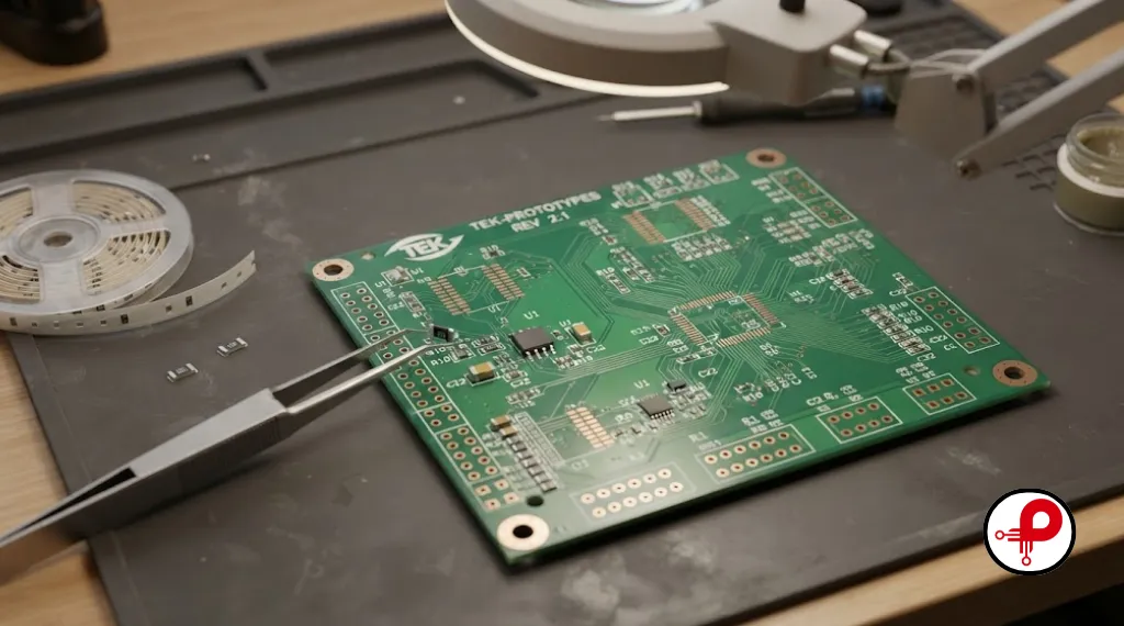 PCB layout process showing bare multilayer board on ESD mat with tweezers