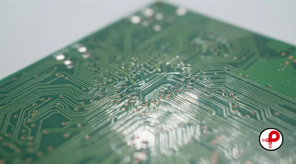 PCB trace width and controlled impedance shown on fine copper traces macro photo