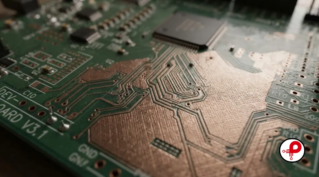 PCB power plane layout and copper trace routing close up