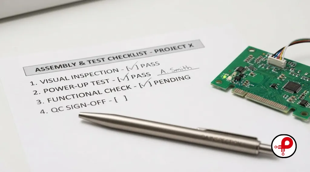 Printed checklist beside a PCB representing an EMI EMC PCB design checklist