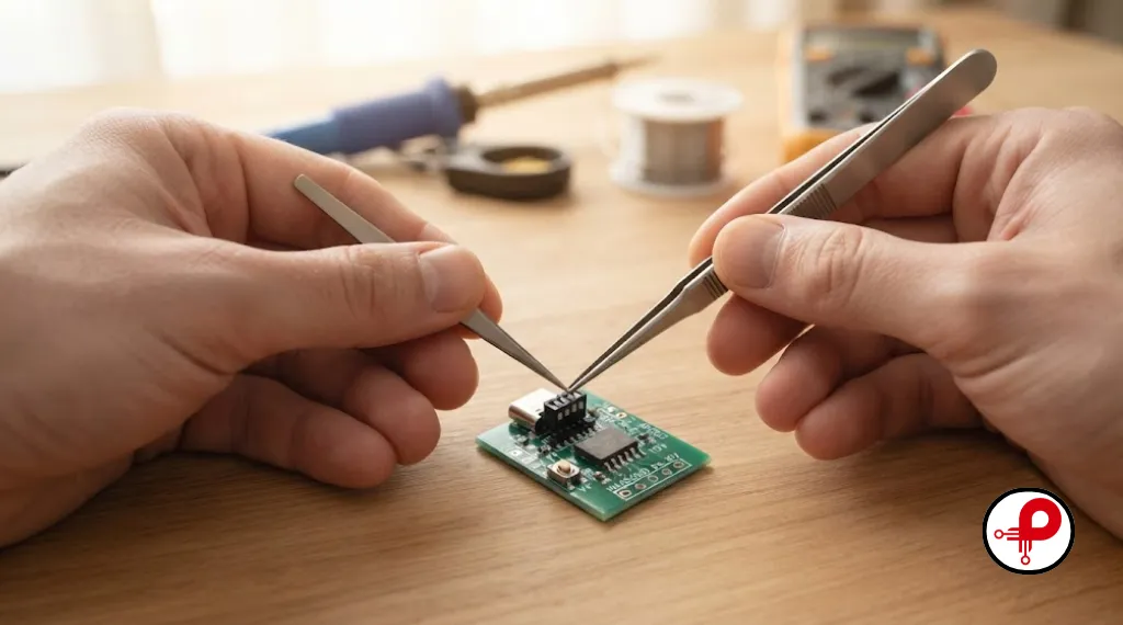 Engineer's hands carefully configuring CH224K USB PD trigger module resistor and switch settings on a workbench circuit board.
