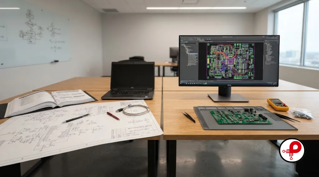Separate desks showing PCB design engineer and PCB layout engineer roles