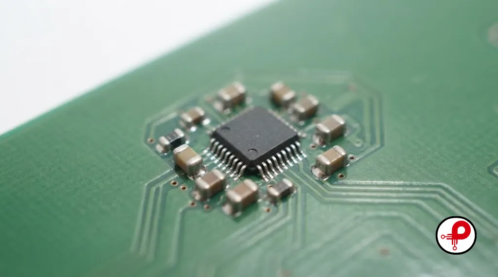 Power distribution PCB with decoupling capacitors placed close to IC pins