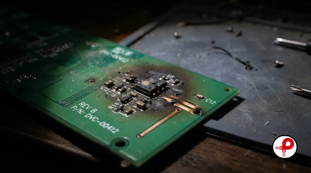 Defective PCB with burnt component and discolored copper trace