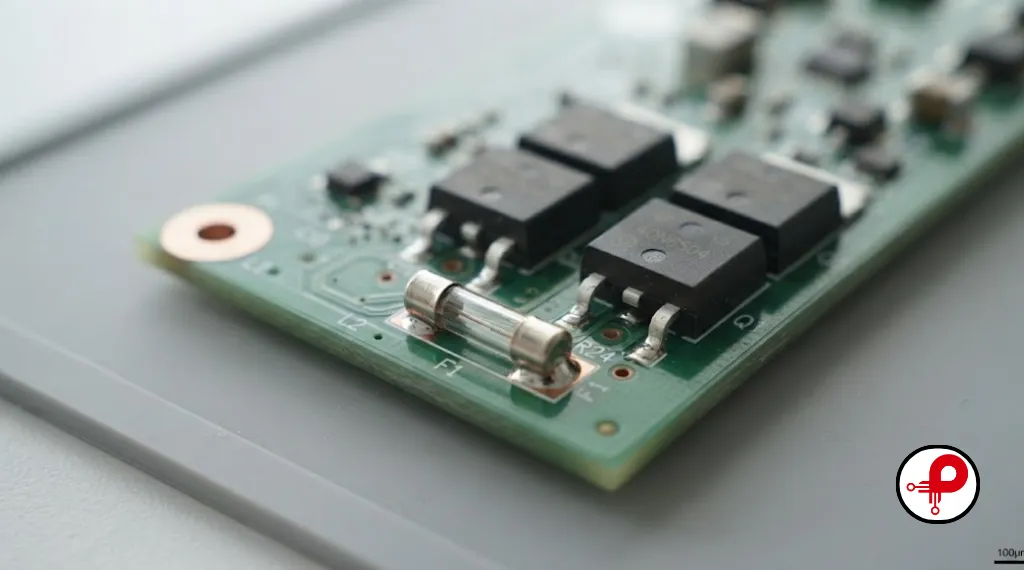 Battery protection system MOSFETs and fuse close up