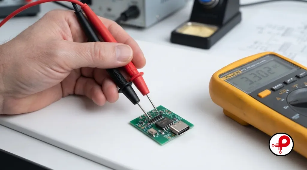 Technician using a multimeter to troubleshoot CH224K USB PD trigger module configuration pins for voltage negotiation failure diagnosis.