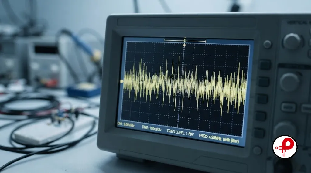 oscilloscope screen showing signal waveform during IoT prototype testing