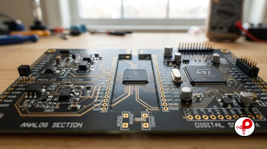 mixed signal circuit design board with analog to digital converter close up
