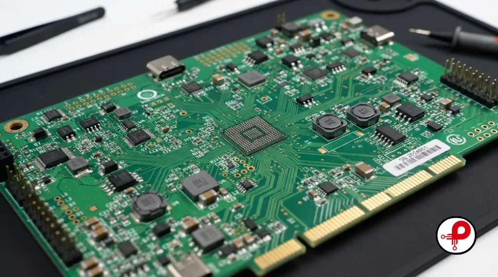 Multilayer PCB layout with copper traces vias and SMD components