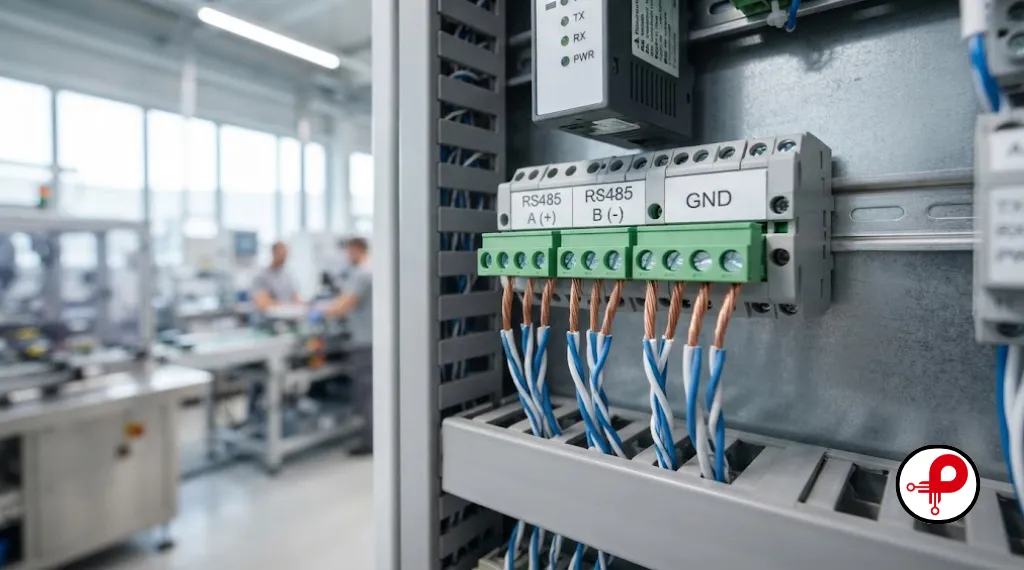 RS485 circuit design wiring terminal inside an industrial factory control panel
