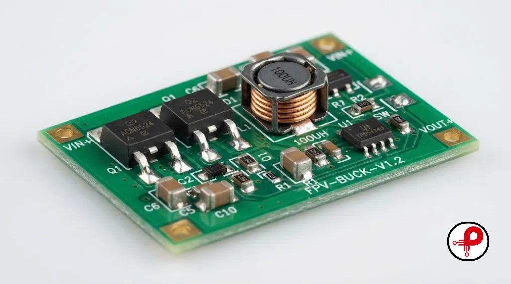 PCB DC-DC converter board showing inductor, MOSFETs, and capacitors on a green circuit board