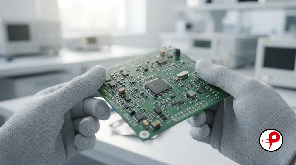 Engineer holding a low power circuit design PCB with microcontroller in a bright lab, illustrating low power IC design fundamentals