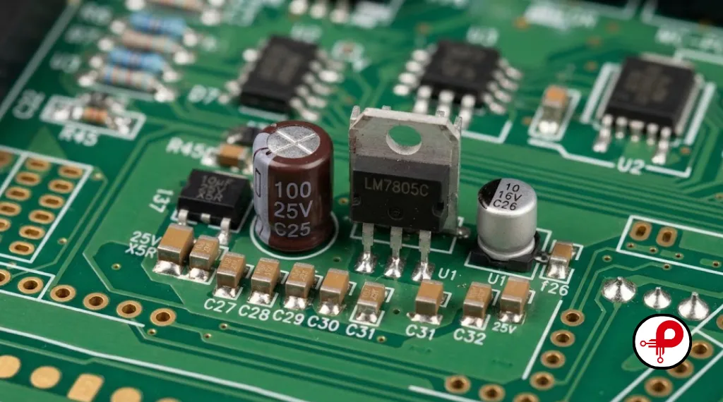 Power supply filtering circuit macro view showing capacitors on a PCB near a voltage regulator