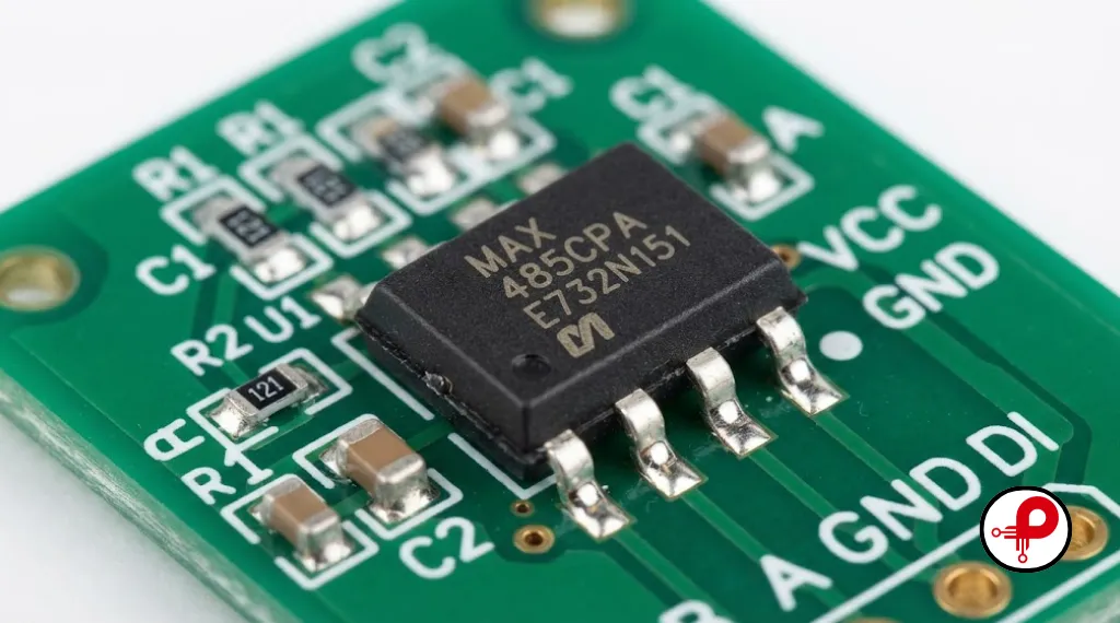 RS485 circuit design transceiver chip mounted on a printed circuit board