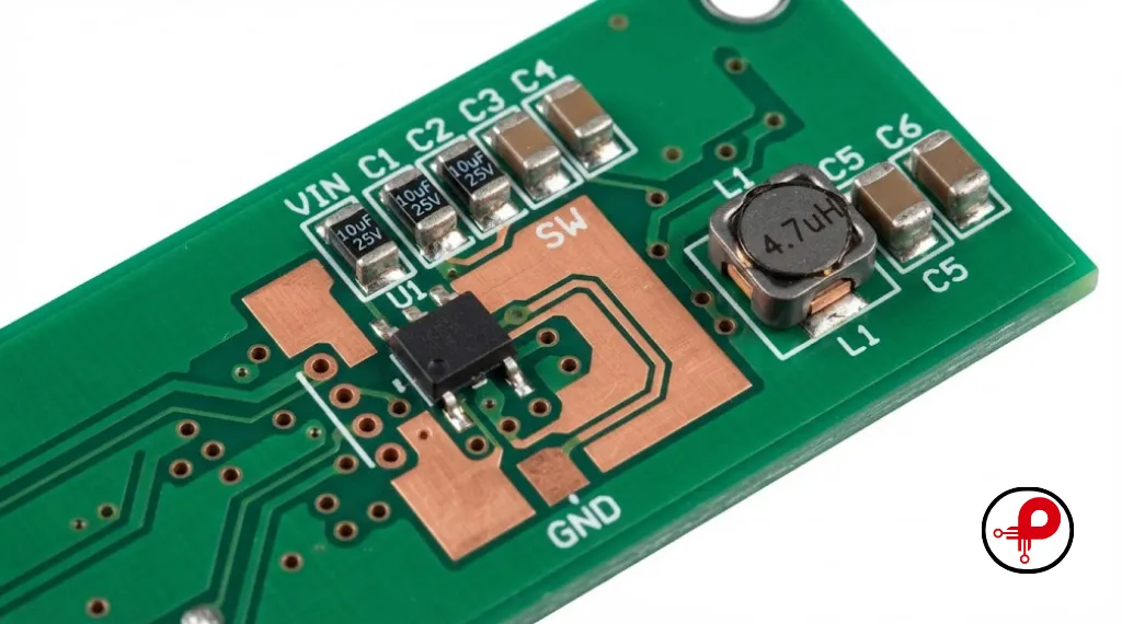 PCB DC-DC converter layout showing tight hot loop between capacitor, switch node, and inductor