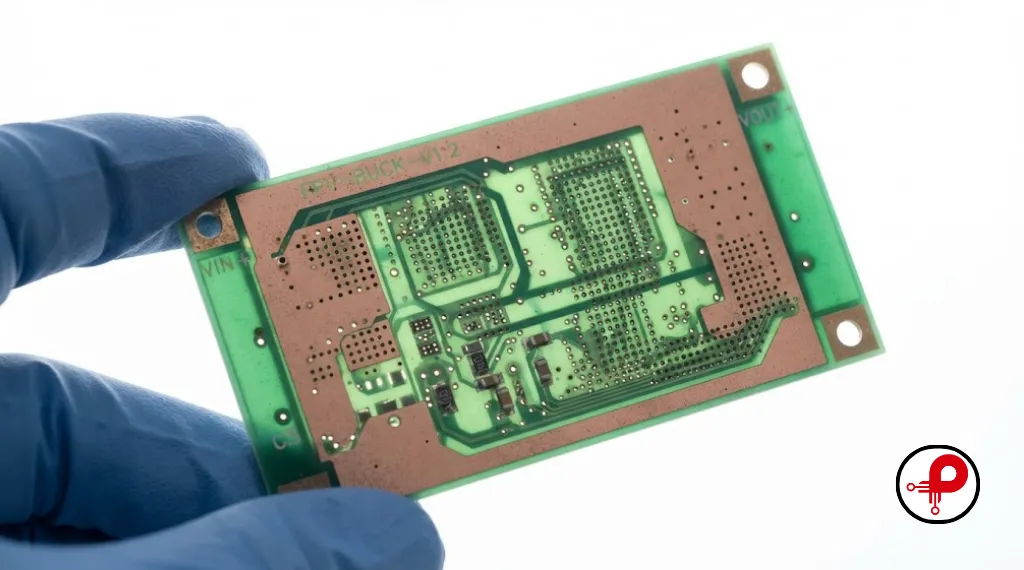 PCB DC-DC converter ground plane and copper pour with via stitching pattern