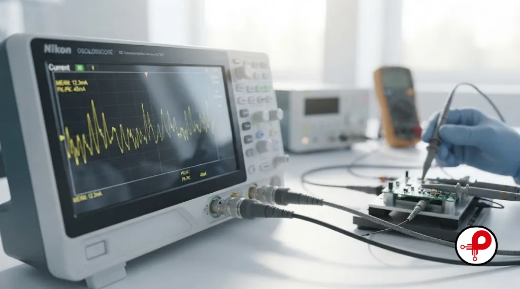 Oscilloscope measuring dynamic power consumption and leakage power in a CMOS test circuit during power analysis