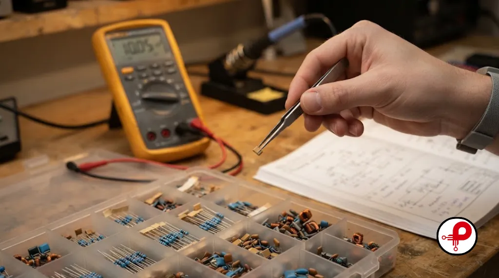 Engineer selecting capacitors for a power supply filtering circuit component tray