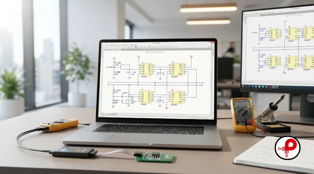 Engineer reviewing an RS485 circuit design schematic on a laptop screen