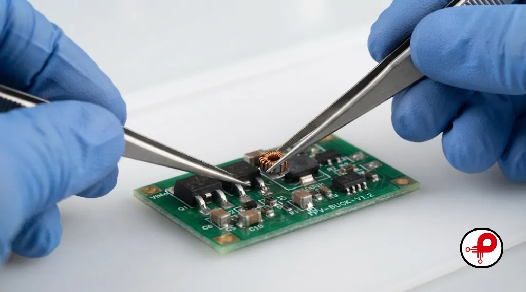 Engineer placing MOSFET and inductor components on a PCB DC-DC converter during assembly
