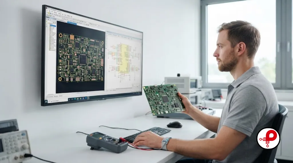 Engineer comparing PCB layout on screen with physical board for low power circuit design techniques and low power digital circuit design