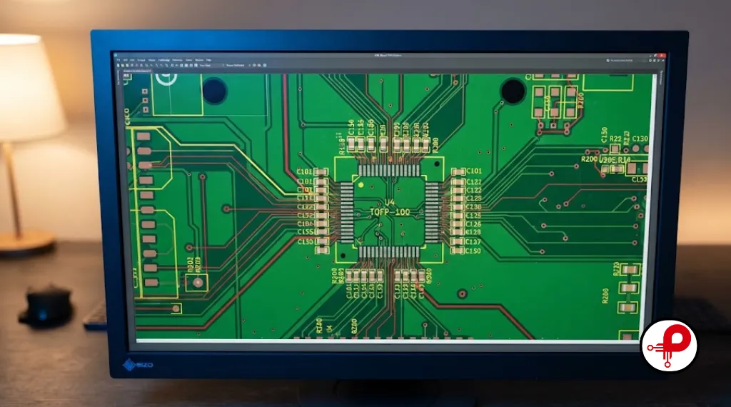 PCB layout design showing power supply filtering circuit placement near an IC footprint