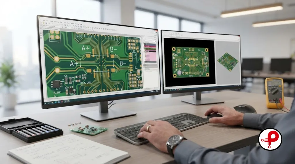 PCB workstation showing RS485 circuit design layout with differential pair routing