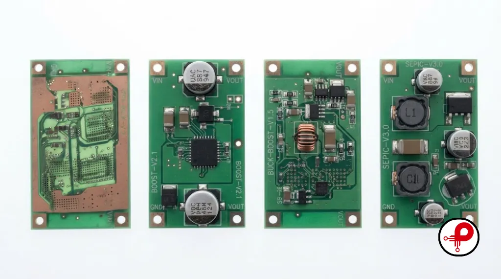 Comparison of PCB DC-DC converter topology boards including buck, boost, and buck-boost layouts