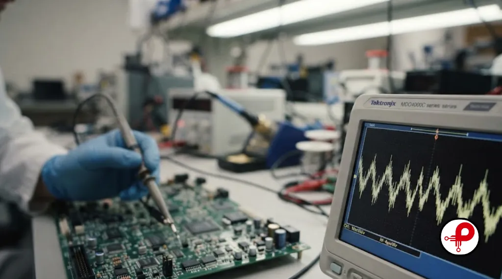 Engineer troubleshooting a power supply filtering circuit with an oscilloscope ripple waveform