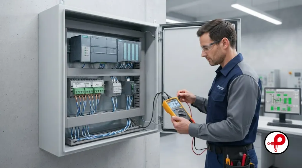 Technician checking RS485 circuit design wiring and PLC communication panel