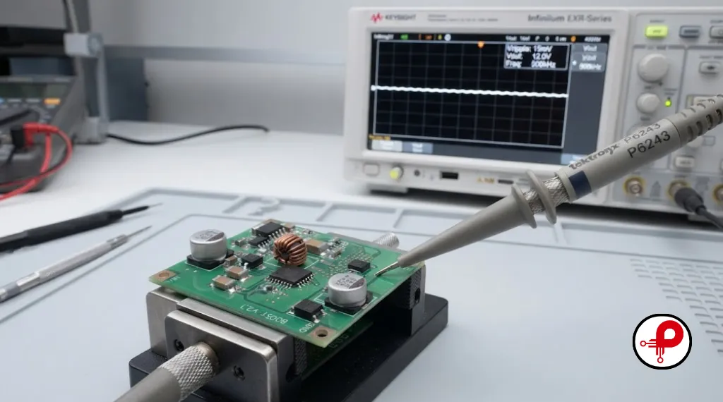 PCB DC-DC converter under oscilloscope testing to validate output ripple performance