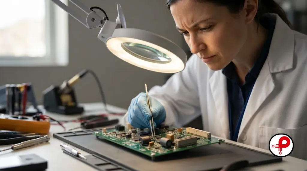 Engineer inspecting an assembled power supply filtering circuit on an industrial sensor board