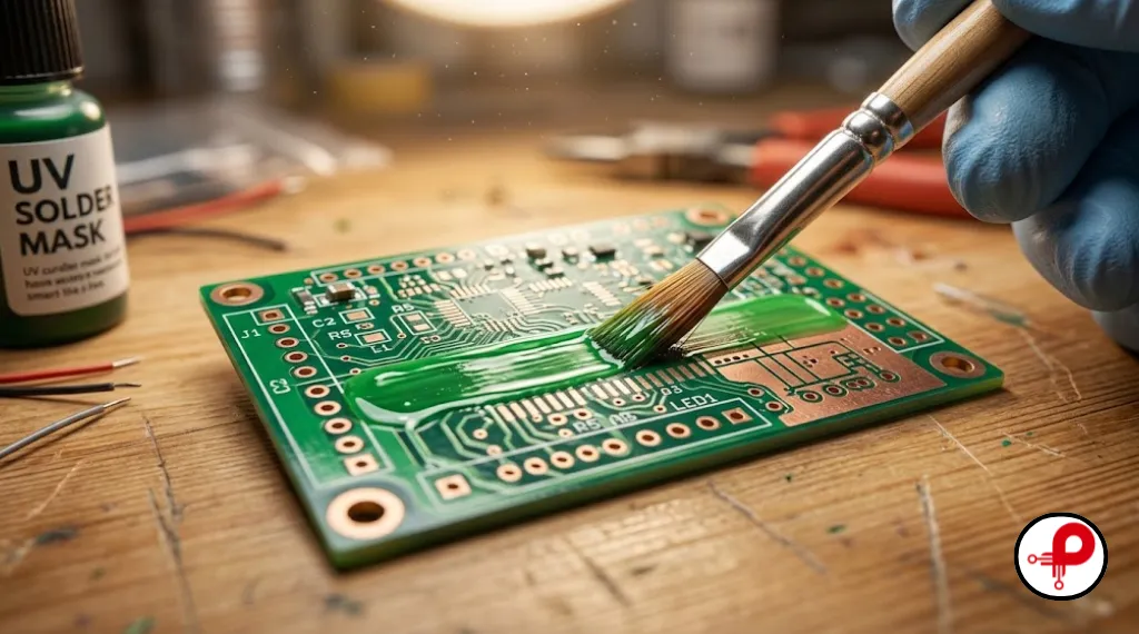 Applying DIY PCB solder mask ink by hand with a fine brush during the coating process