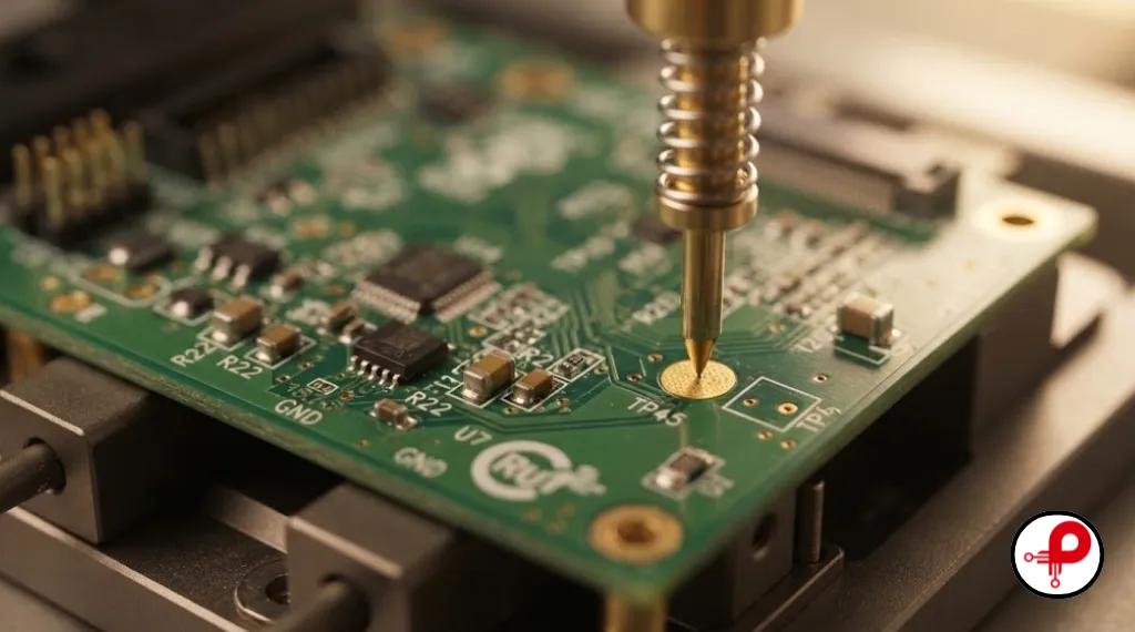 Test probe touching a pad on a circuit board, illustrating PCB design for testability basics