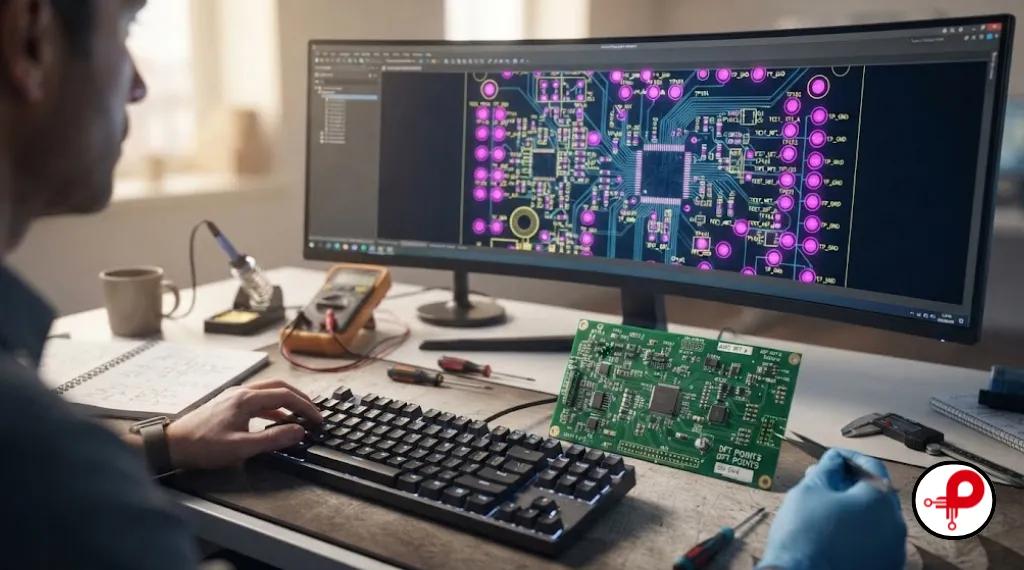 Engineer reviewing a layout on screen, connecting PCB design for testability with manufacturability