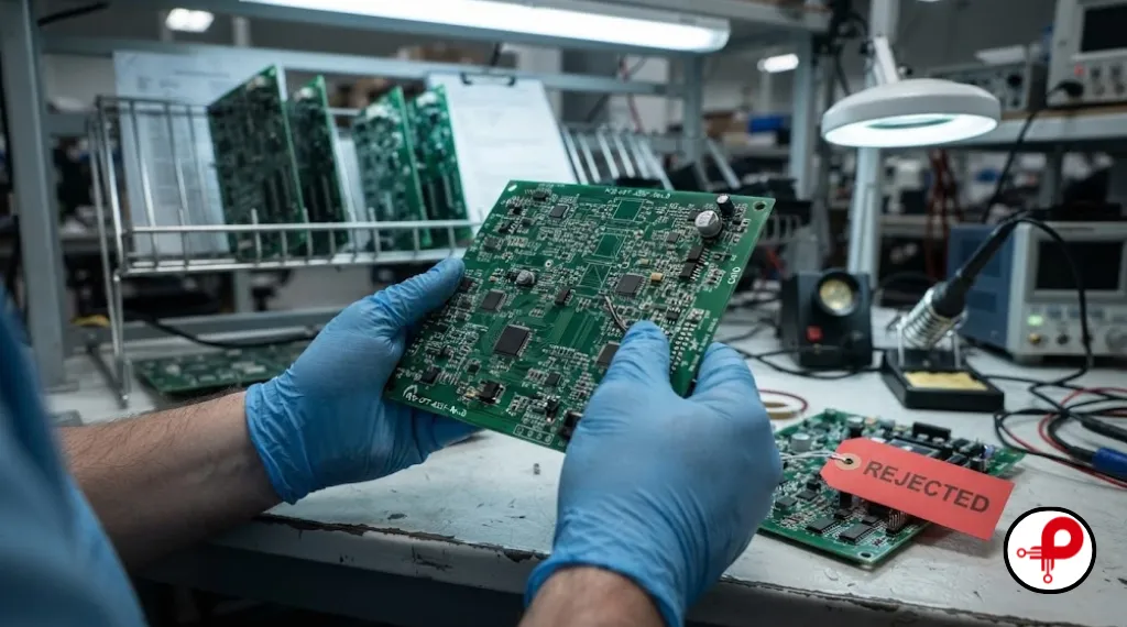 Technician inspecting a rejected board, showing why PCB design for testability matters in production