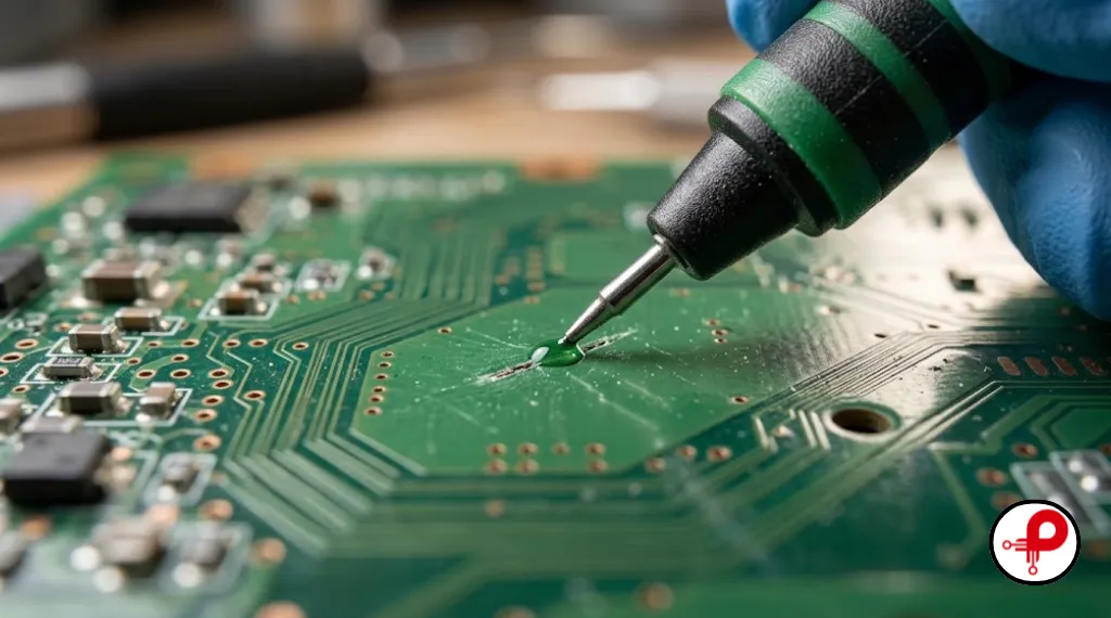 Close up of repairing a DIY PCB solder mask scratch using a fine tip overcoat pen